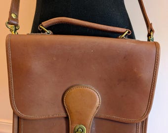 Vintage 90's Genuine Leather Brown Cross Body Saddle Bag with Brass Fittings