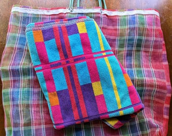 Vintage 70's Colorful Tartan Plastic Netted Beach Tote Paired With 80's / 90's Terry Cloth Beach Towel