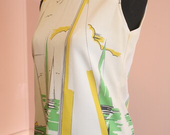 Camiseta sin mangas con estampado de velero abstracto vintage de los años 60, talla mediana para mujer