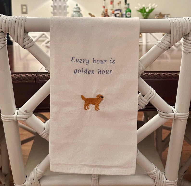 Cheerful Golden Retriever Embroidered Tea Towel - Every Hour is Golden Hour