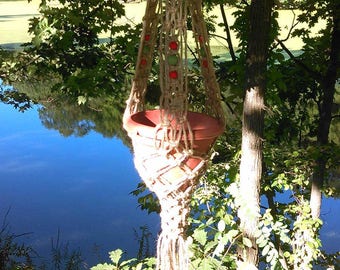 Northern Lights Macrame Plant Hanger With Red and Green Beads