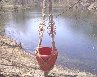 Daisy Chain Macrame Plant Hanger With Sunset Red Beads