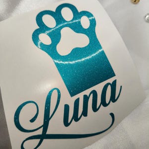 Car Sticker JDM cute pet name under with paw Cat or Dog sticker 12cm long | glitter vinyl | sparkle sticker | bling