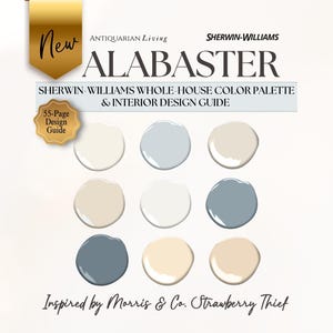 Könnte beinhalten: Ein 55-seitiger Sherwin-Williams Alabaster Farbpaletten- und Innenarchitektur-Leitfaden für das ganze Haus. Das Cover zeigt neun kreisförmige Farbmuster in Weiß-, Creme-, Grau- und Blautönen mit dem Text Inspired by Morris & Co. Strawberry Thief.
