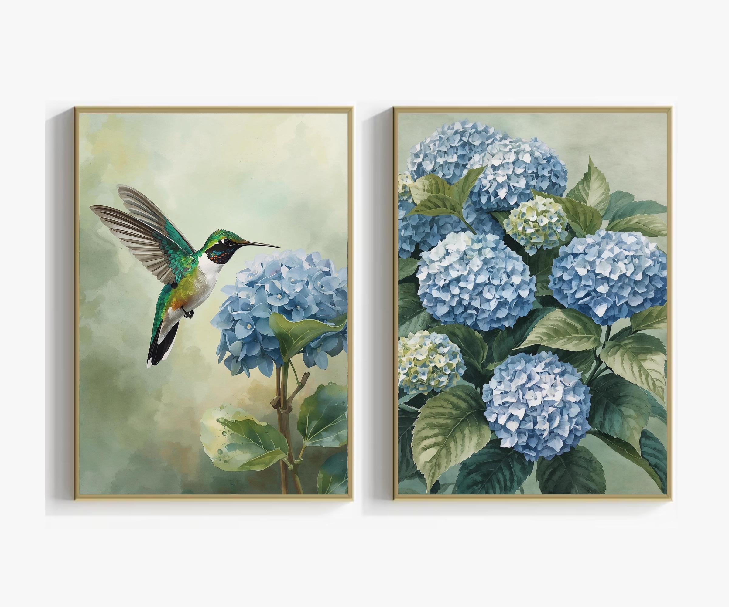 Watercolor Hummingbird and Hydrangea Wall Art Set of 2, Floral