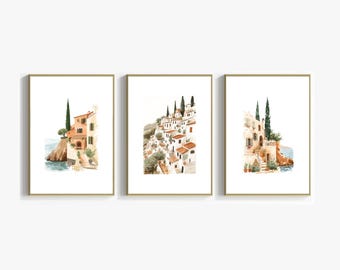 Set von 3 mediterranen Dorf Aquarell Druck | Europäische italienische Reise-Wand-Kunst | Digitaler Download