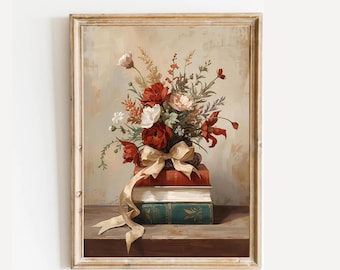 Floral Stack of Books Print: Vintage Bookish Wall Art (Digital Download