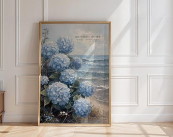 Hydrangea Coastal Print | Bible Verse, Cottagecore Wall Art (Digital Download)