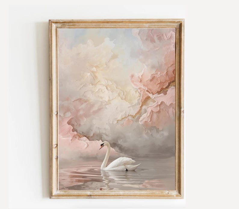 Blush Pink Swan Vintage Art Print: Coquette Cottagecore Decor (digital ...