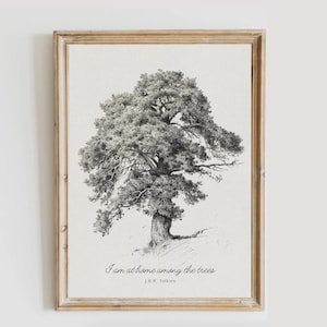 May include: A framed black and white print of a large tree. The tree is detailed with many branches and leaves. The print has a light beige background and a wooden frame. The text "I am at home among the trees" by J.R.R. Tolkien is at the bottom.