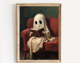 Ghost Reading Print: Vintage Halloween Wall Art, Spooky Book Lover Digital Download