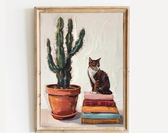 Cat, Cactus & Books Print: Cozy Mexican Latina Reading Nook Art (Digital Download)