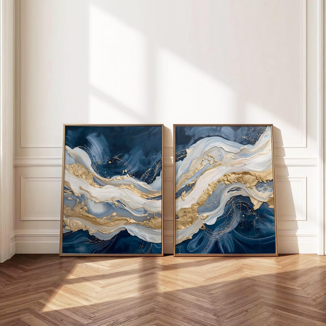 Navy & Gold Abstract Wall Art Set of 2 | Modern Ocean Wave Painting ...