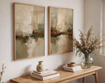 Abstract Olive Green Earthy Wall Art Prints: Vintage Decor (Set of 2) (Digital Download)