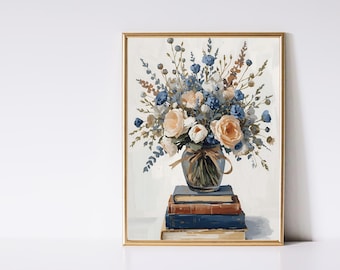 Floral Stack of Books Print: Vintage Bookish Wall Art (Digital Download)