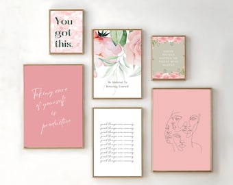 Floral Motivational Quote Prints: Self-Care Home Office Decor (Set of 18, Digital Download