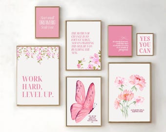 Pink Motivational Quote Prints: Feminine Office Decor (Digital Download set of 8)