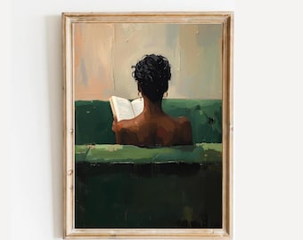 May include: A framed oil painting depicts a person reading a book while seated. The person is seen from the back, with dark hair and gold earrings. The painting features a green sofa and a neutral background, with a warm, earthy color palette.