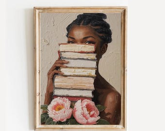 Black Woman painting with books and peonnies | Cozy Book Nook Decor | Digital Download