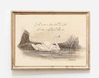 Psalm 51:10 Print | Vintage Swan Painting, Christian Decor (Digital Download)