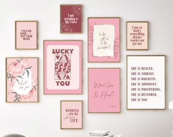Pink Motivational Quote Prints: Feminine Office Decor Gallery Wall (Digital Download Set of 14)