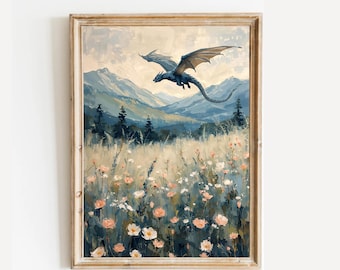 Dragon and Wildflowers Fantasy Art Print: Book Lover Decor (Digital Download)