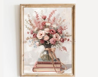 Pink Floral Books Print: Vintage Book Stack Wall Art (Digital Download)