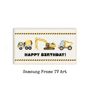 Może przedstawiać: Oprawiony wydruk z akwarelowymi ilustracjami pojazdów budowlanych: betoniarki, koparki i wywrotki. Napis "HAPPY BIRTHDAY!" jest wydrukowany na czarno. Rama ma żółte i czarne ukośne paski.