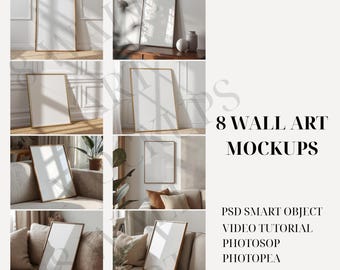 Op de afbeelding: Acht wandkunst-mockups met blanco witte doeken in verschillende omgevingen. De frames hebben gouden of bruine randen. De tekst rechts zegt "8 WALL ART MOCKUPS" en daaronder "PSD SMART OBJECT VIDEO TUTORIAL PHOTOSOP PHOTOPPEA".