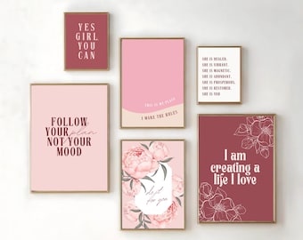 Pink Motivational Quote Prints: Feminine Office Decor Gallery Wall (Digital Download Set of 14)