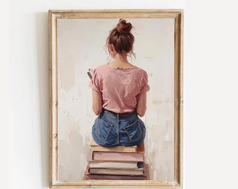 Book Lover Art Print: Girly Woman Reading, Feminine Home Library (Digital Download)