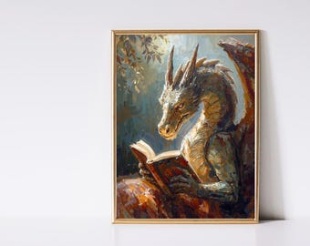 Dragon Reading a Book Painting | Fantasy Wall Art | Book Lover Gift | Digital Download