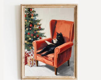 Può includere: Stampa incorniciata raffigurante un gatto nero rilassato in una poltrona rossa, con un libro e una tazza di caffè. Un albero di Natale decorato e regali incartati sullo sfondo, creando una scena festiva.