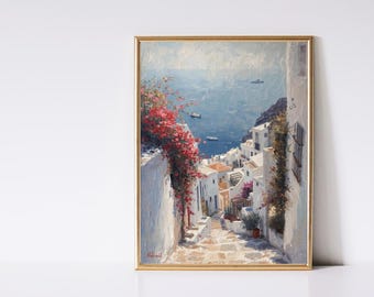 Vintage Greek Landscape Print: Travel Wall Art, Mediterranean Coastal Painting, European Architecture Digital Download