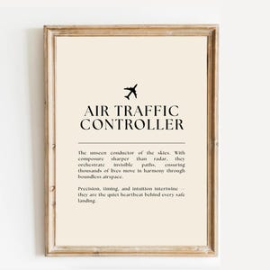 以下が含まれることがあります： 太字のセリフ体で「AIR TRAFFIC CONTROLLER」と書かれた額入りのプリント。タイトルの上には小さな飛行機のアイコンがあります。プリントはベージュ色の背景と木製のフレームです。テキストは航空管制官の役割について説明しています。