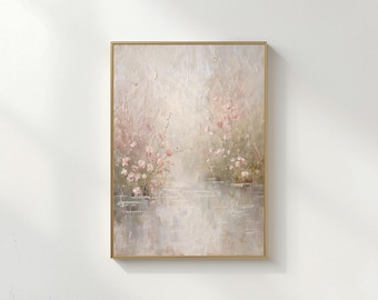 May include: An abstract painting in a gold frame. The artwork features a soft, textured background with a light color palette. Pink flowers are painted on the left and right sides, with a reflective water-like area in the center.