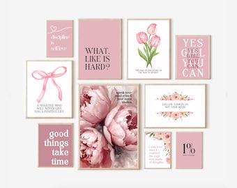 Rosa motivationscitattryck: Feminin kontorsinredning (digital nedladdningsbar set med 15)