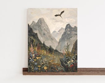Lámina de arte fantástico con dragones y flores silvestres: Decoración para amantes de los libros (Descarga digital)