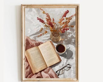 Stampa di libri e caffè: accogliente decorazione murale mattutina (download digitale)