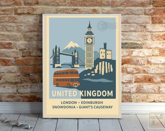 Großbritannien Reise Poster Druck, Retro Vintage Wandkunst, Mid Century Modern Big Ben, Edinburgh Castle, Snowdonia, Giant Damm, Geschenk