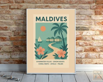 Malediven Reise Poster - Vintage Mid Century Modern Wandkunst, Tropisches Stranddekor, Overwater Villas, Retro Insel Kunstwerk