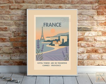 Frankreich Reiseplakat, Retro Vintage französische Wandkunst Druck, Paris Eiffelturm Mont Saint-Michel Côte d’Azur Dekor, französischer Retro Reisedruck