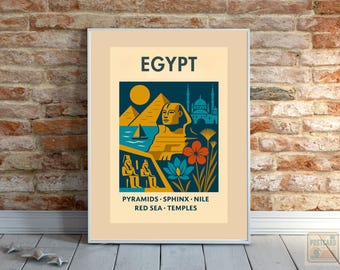 Ägypten Reise Poster-Druck - Vintage Mid Century Moderne Wandkunst, Pyramiden von Gizeh, Sphinx, Nil, antikes Retro Dekor