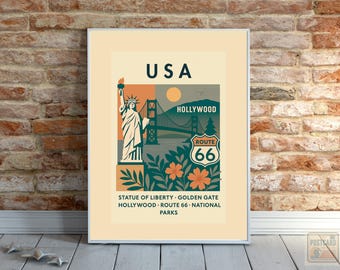 USA Reise Poster -- Vintage Mid Century Modern Wand Kunst, Freiheitsstatue, Golden Gate Bridge & Hollywood, Retro Amerikanisches Dekor