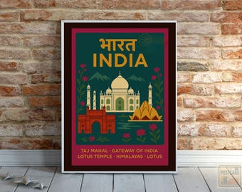 Indien Reise Poster - Vintage Retro Wall Art Print | Taj Mahal, Lotus Tempel, Tor von Indien, Himalaya Dekor, Retro Indien Reise Poster