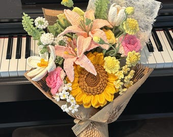 Handmade Crochet Mother's Day Flower Bouquet, Valentine bouquet, birthday bouquet, home decor, Sunflower, Lily, Rose, Tulip