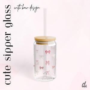 Coquette Bow Glass Sipper,  16oz Iced Coffee Tumbler with Lid & Straw Aesthetic Girly Gift for Her, Soft Girl Cup, Bows Sipper