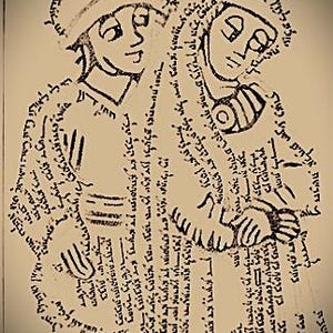 Pode incluir: Uma ilustração em tons sépia retrata duas figuras, possivelmente um casal, com detalhes em traço. As figuras usam chapéus e roupas, e são cercadas por texto hebraico. A obra de arte tem um ar vintage e histórico.