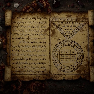 May include: An aged parchment scroll with Arabic script and geometric diagrams, possibly a grimoire or spellbook. The background includes a smoking pipe, a feather, and small bottles, suggesting a mystical theme. The scroll is aged with a dark wooden background.