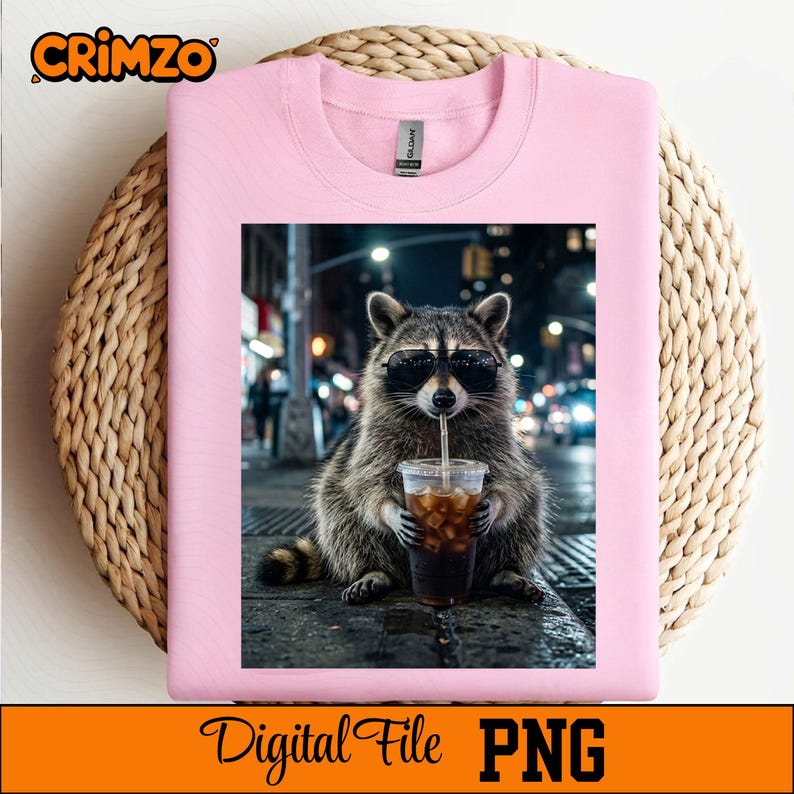 Raccoon Drinking Iced Coffee PNG, Retro Animal Meme Art (digital ...